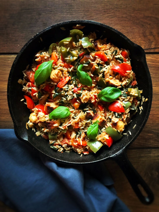 Chicken sausage and veggies rice skillet meal