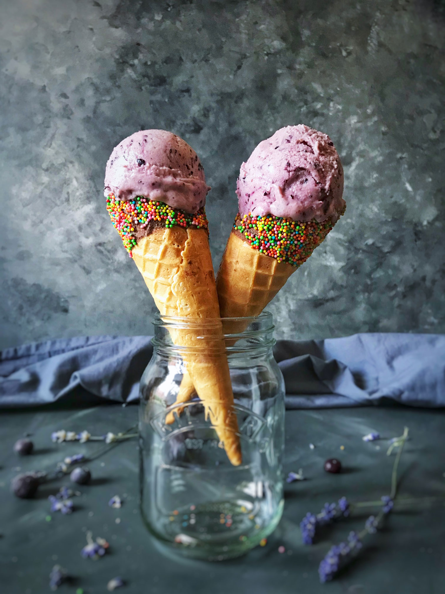 Blueberries, banana and yogurt nice cream with a hint of lavender 