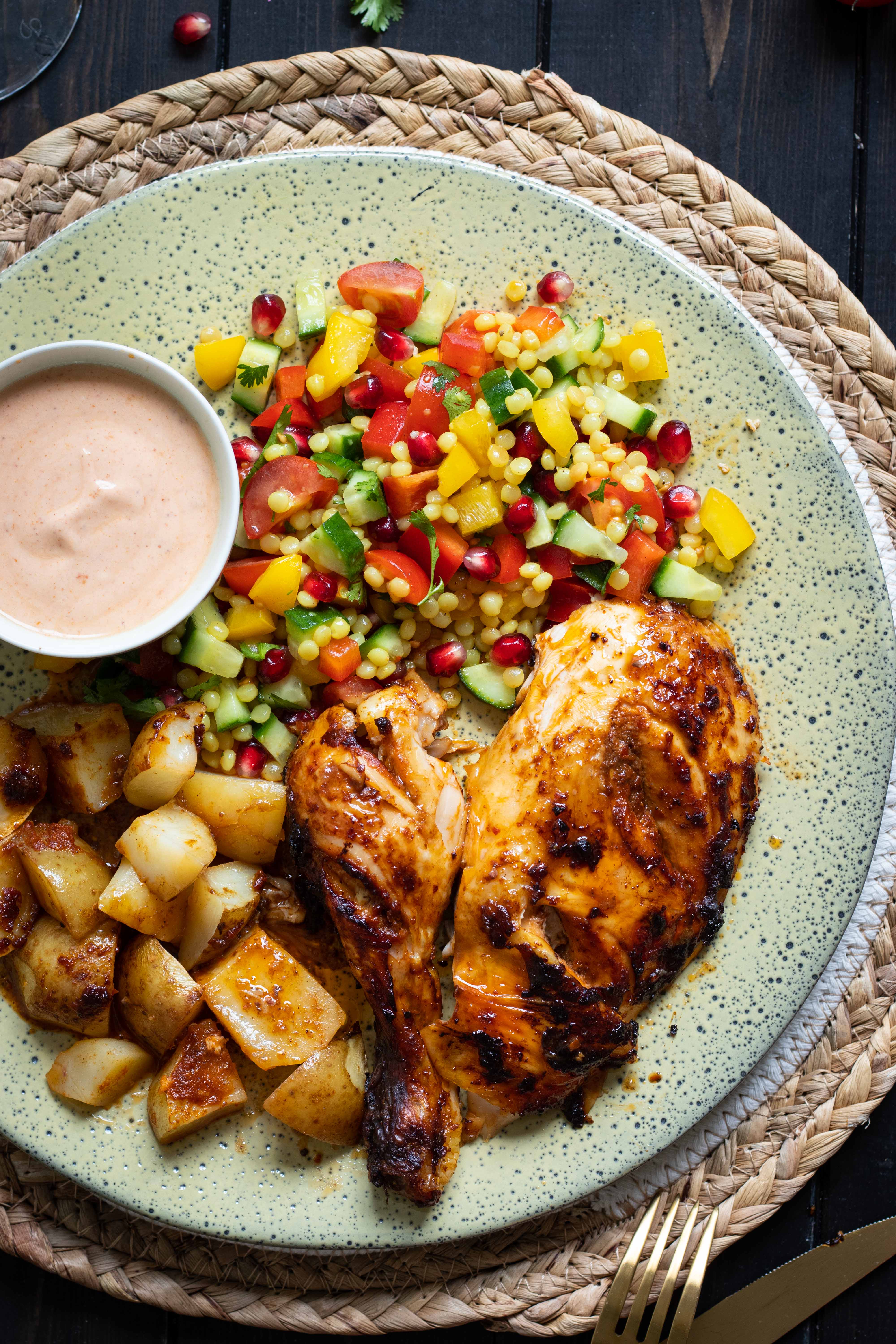 Harissa grilled chicken with pearl couscous salad