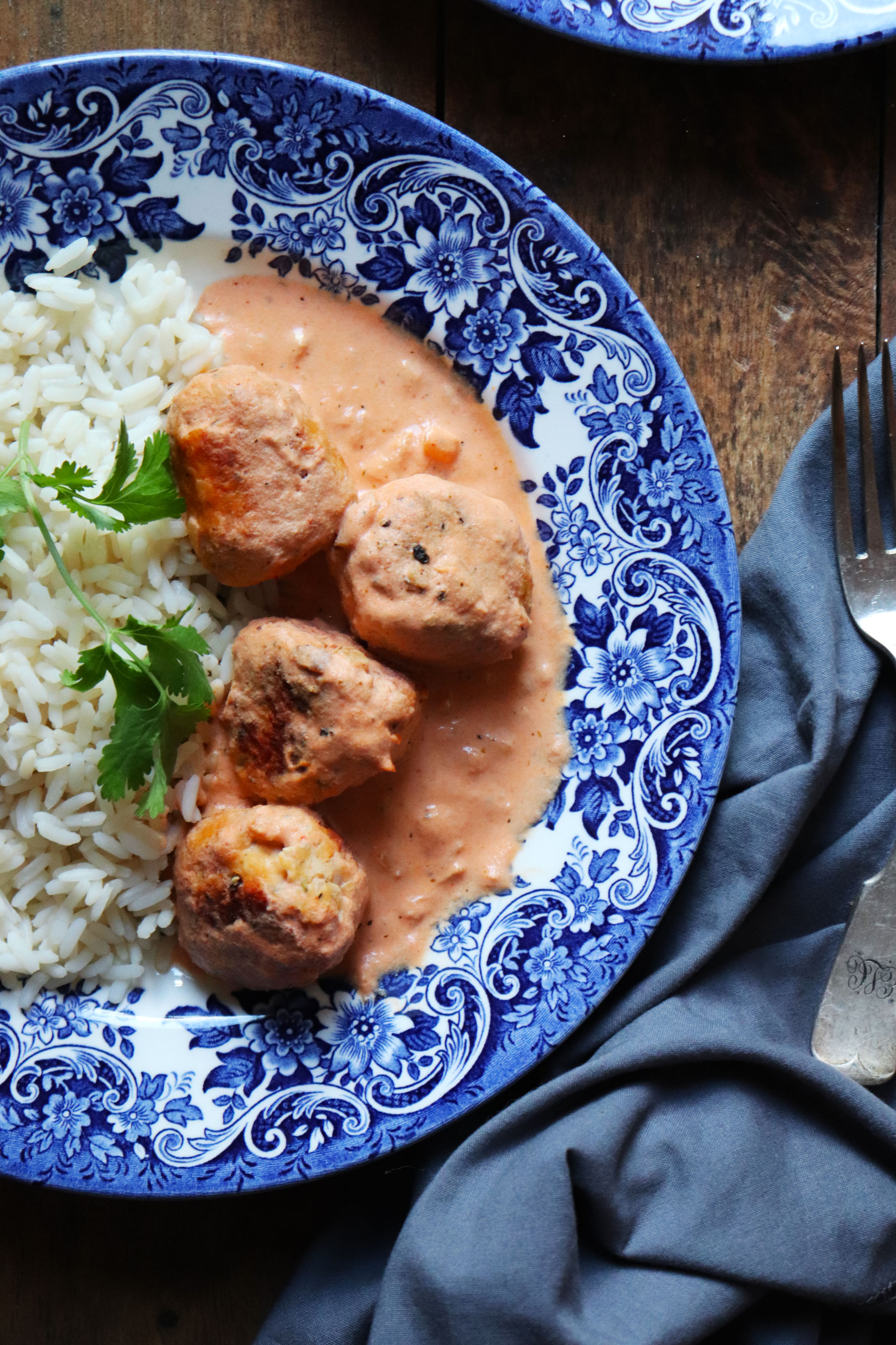 Skillet Chicken Meatballs in a creamy tomato and almond sauce