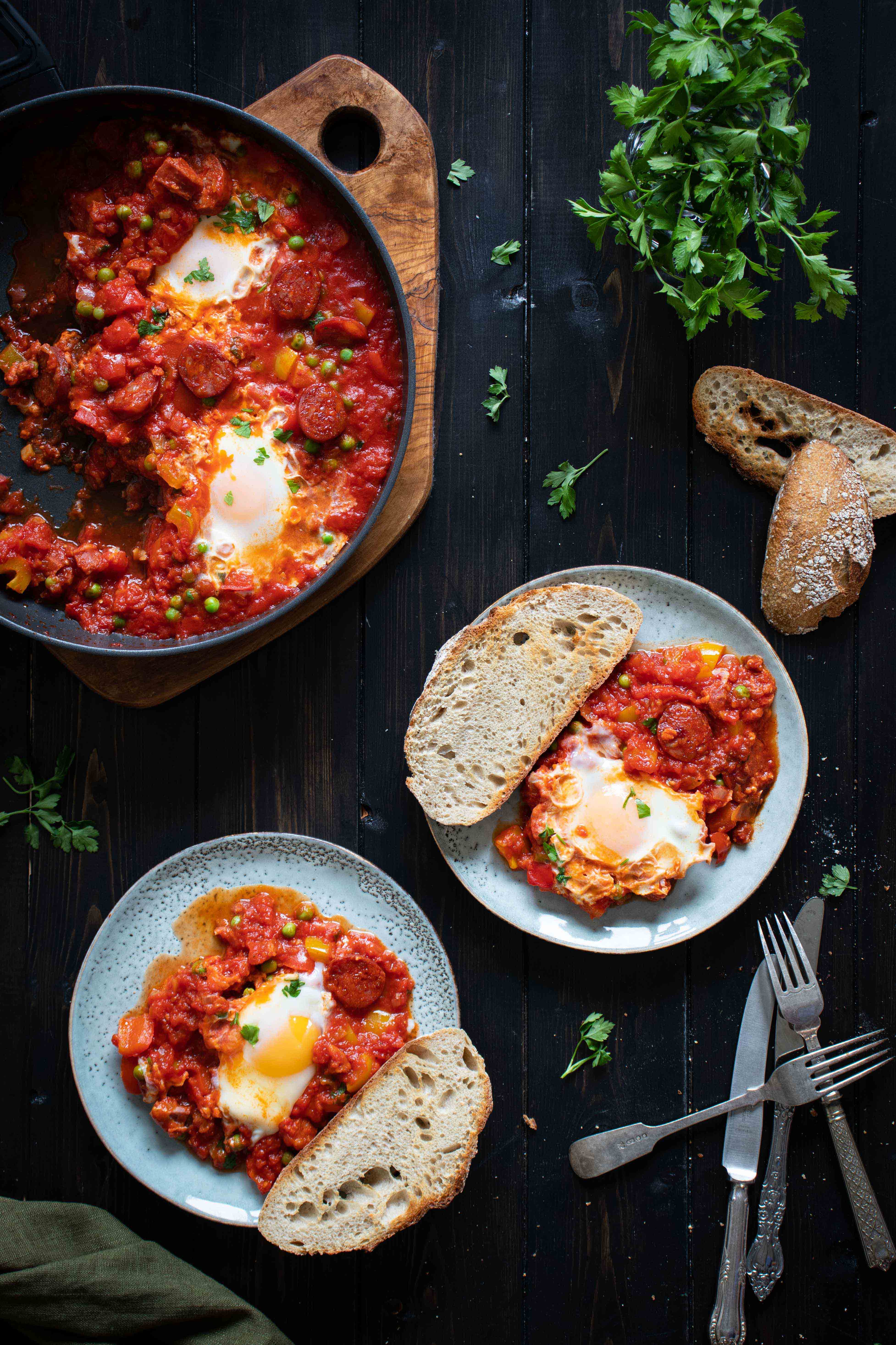 Baked eggs and chorizo - Spanish inspired Huevos a la Flamenca