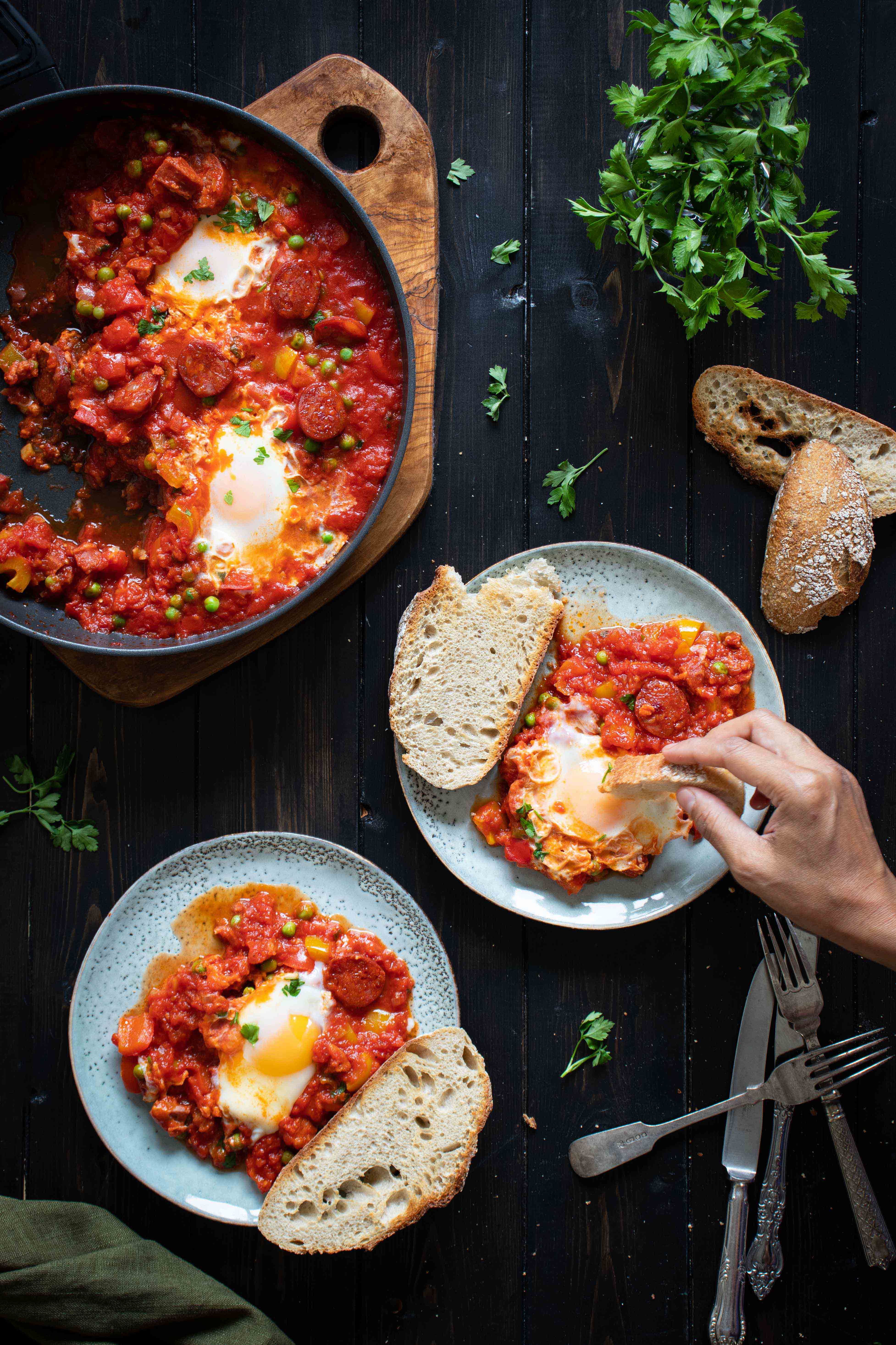 Baked eggs and chorizo - Spanish inspired Huevos a la Flamenca