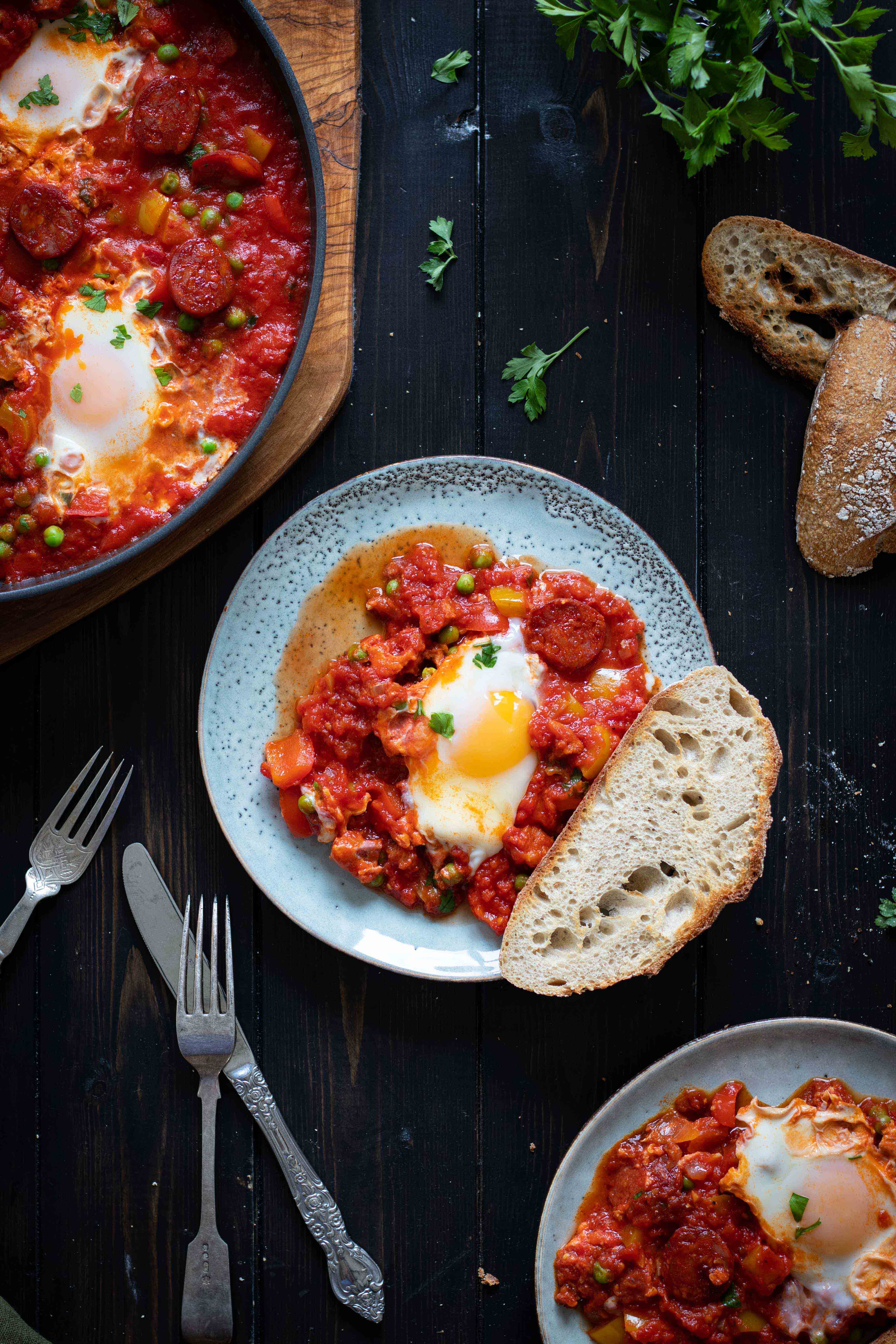 Baked eggs and chorizo - Spanish inspired Huevos a la Flamenca