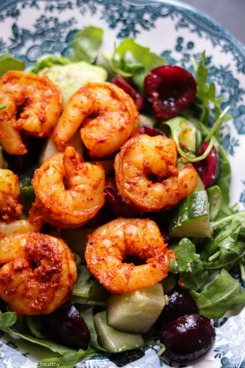 Masala King prawns salad wirh cherries 