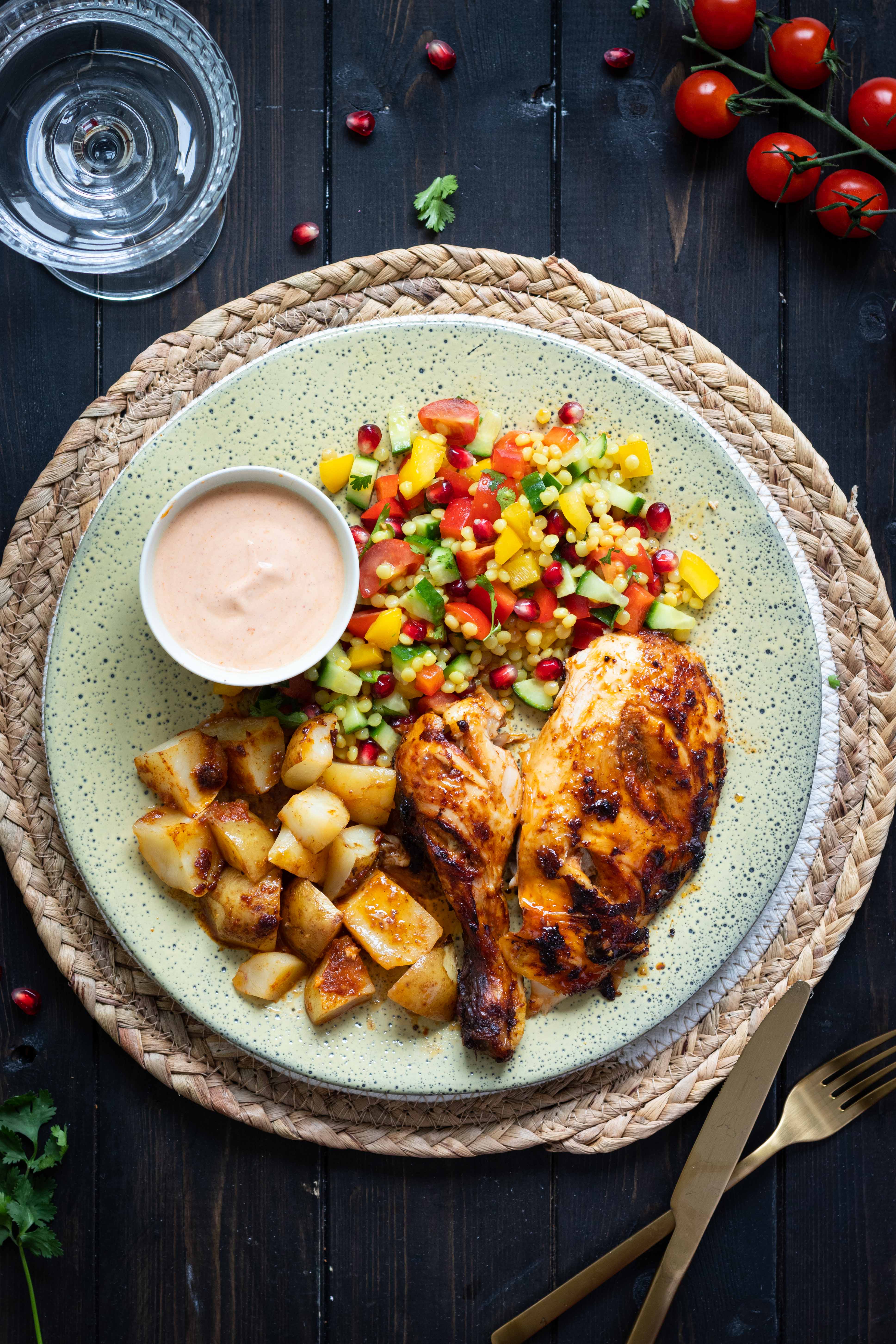 Harissa grilled chicken with Israeli couscous salad