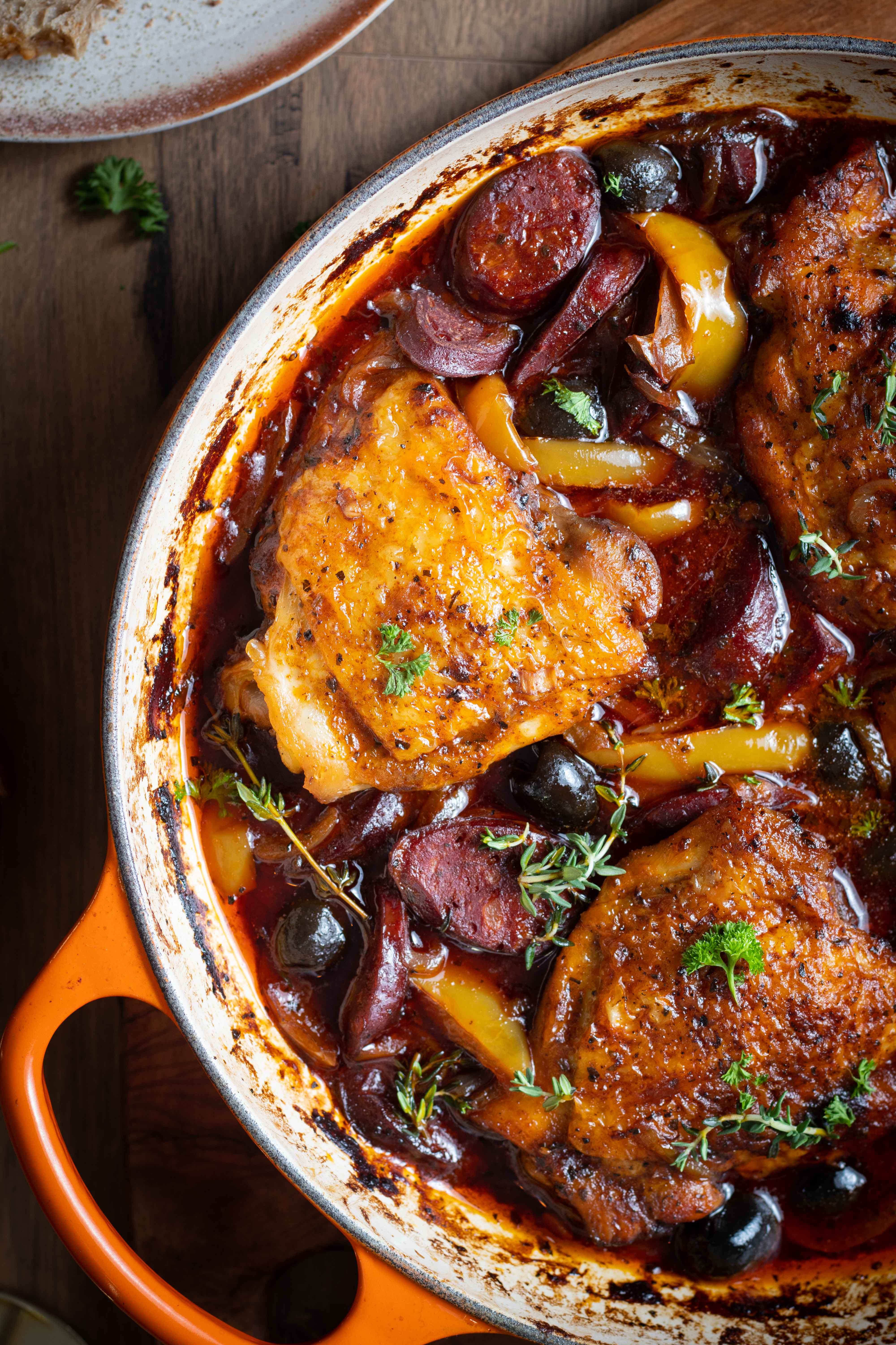 Spanish inspired Chicken and Chorizo bake