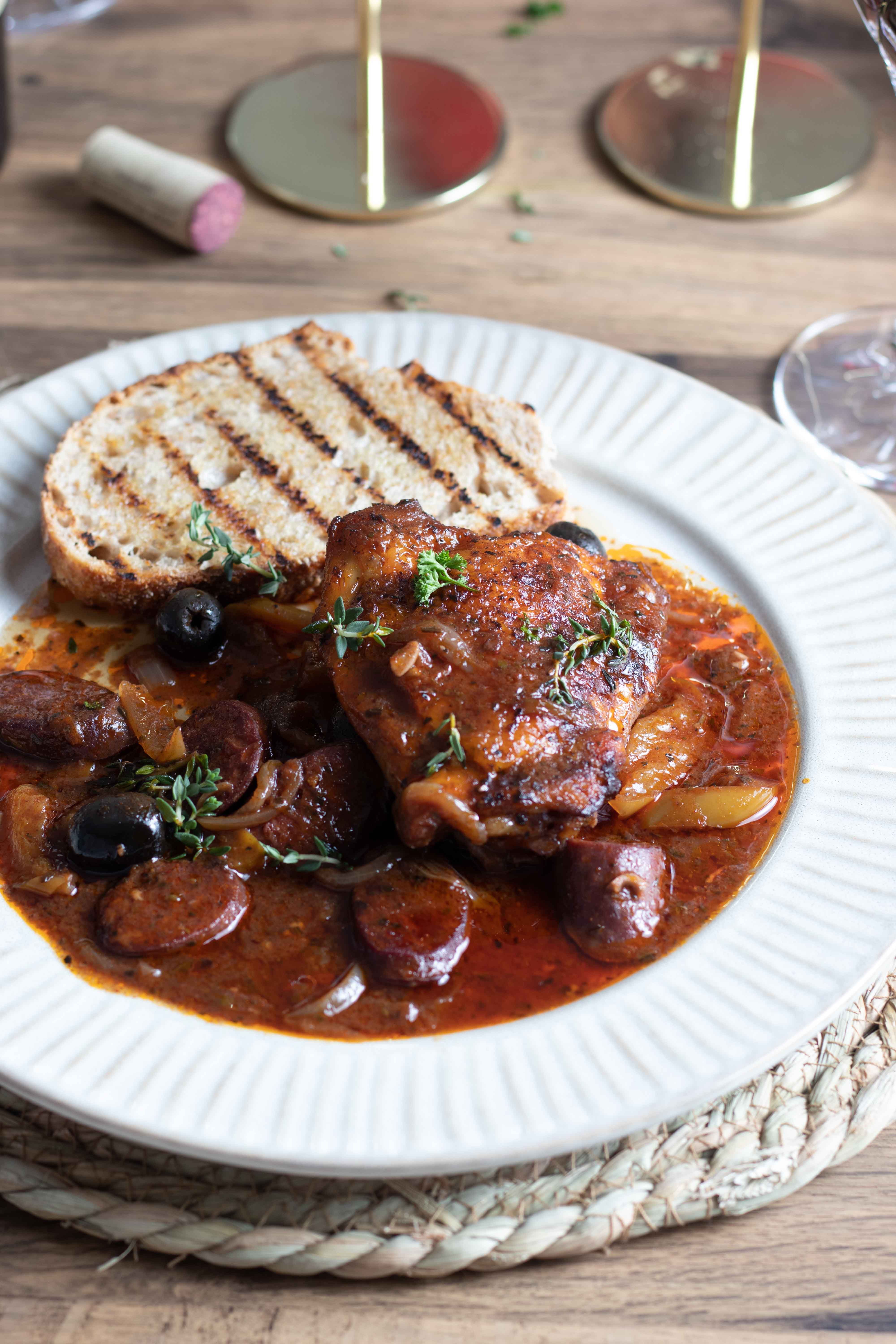 Spanish inspired Chicken and Chorizo bake