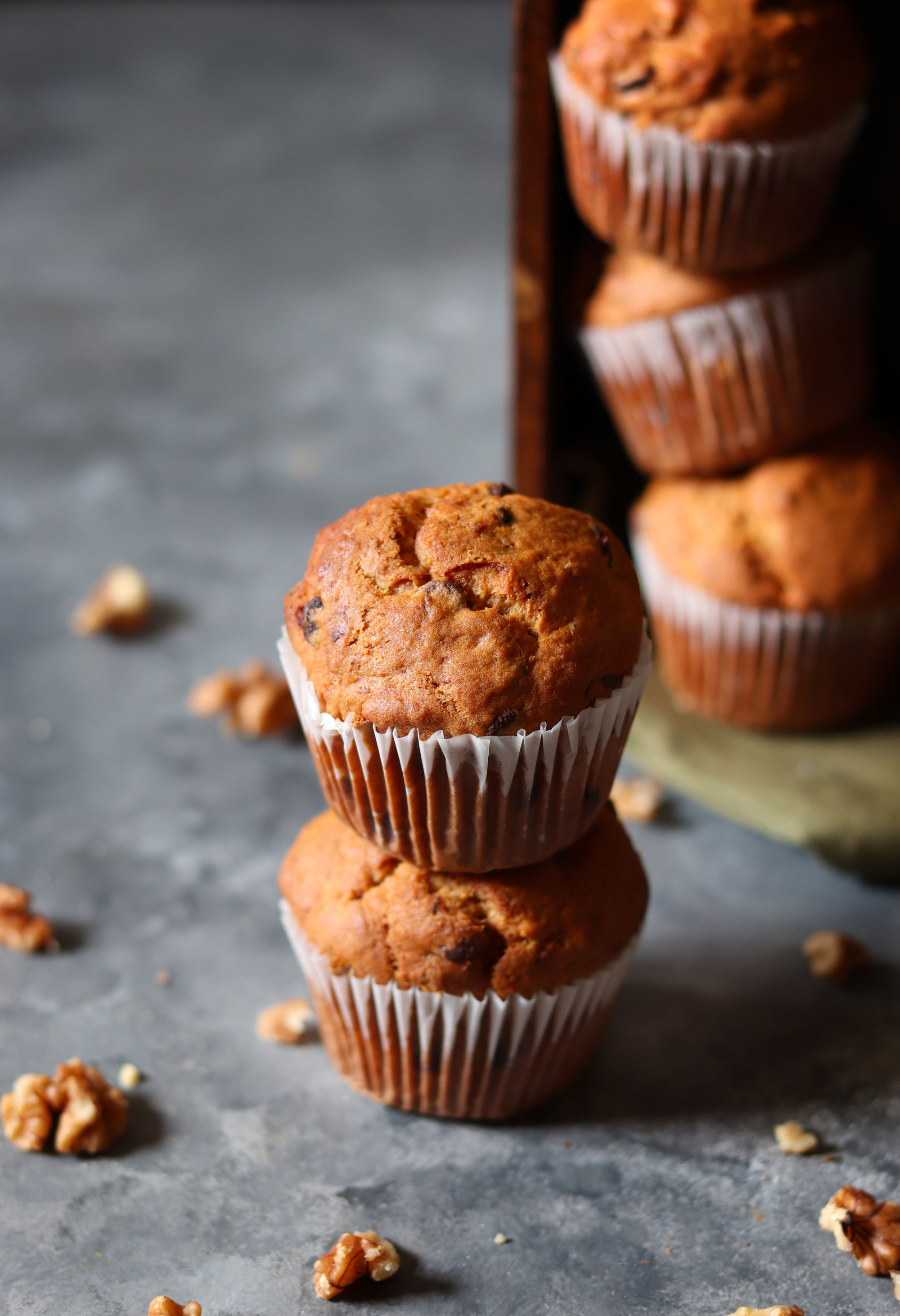 Banana walnut and dark chocolate chip muffins