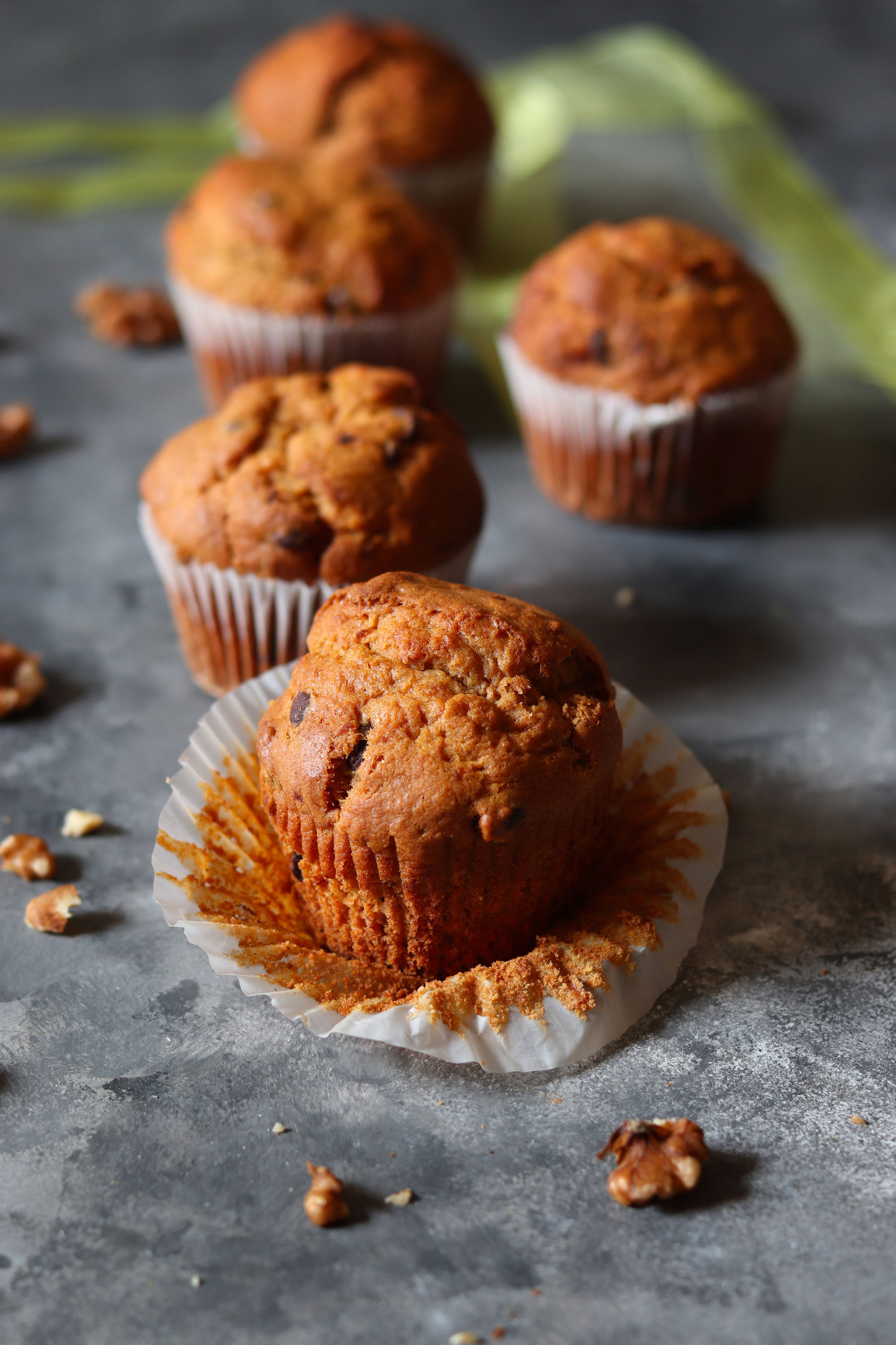 Banana walnut and dark chocolate chip muffins