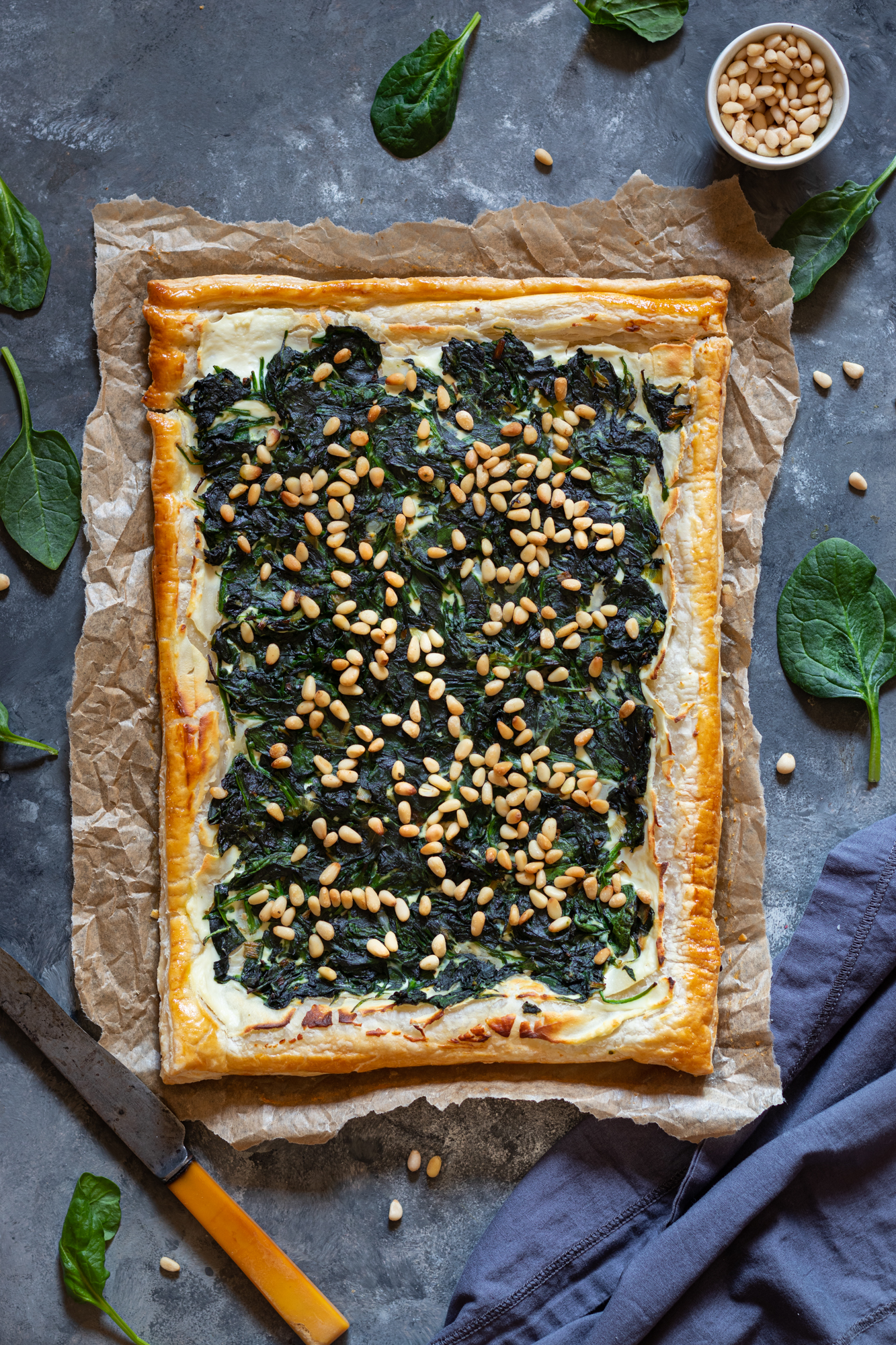 Spinach and ricotta tart with pine nuts